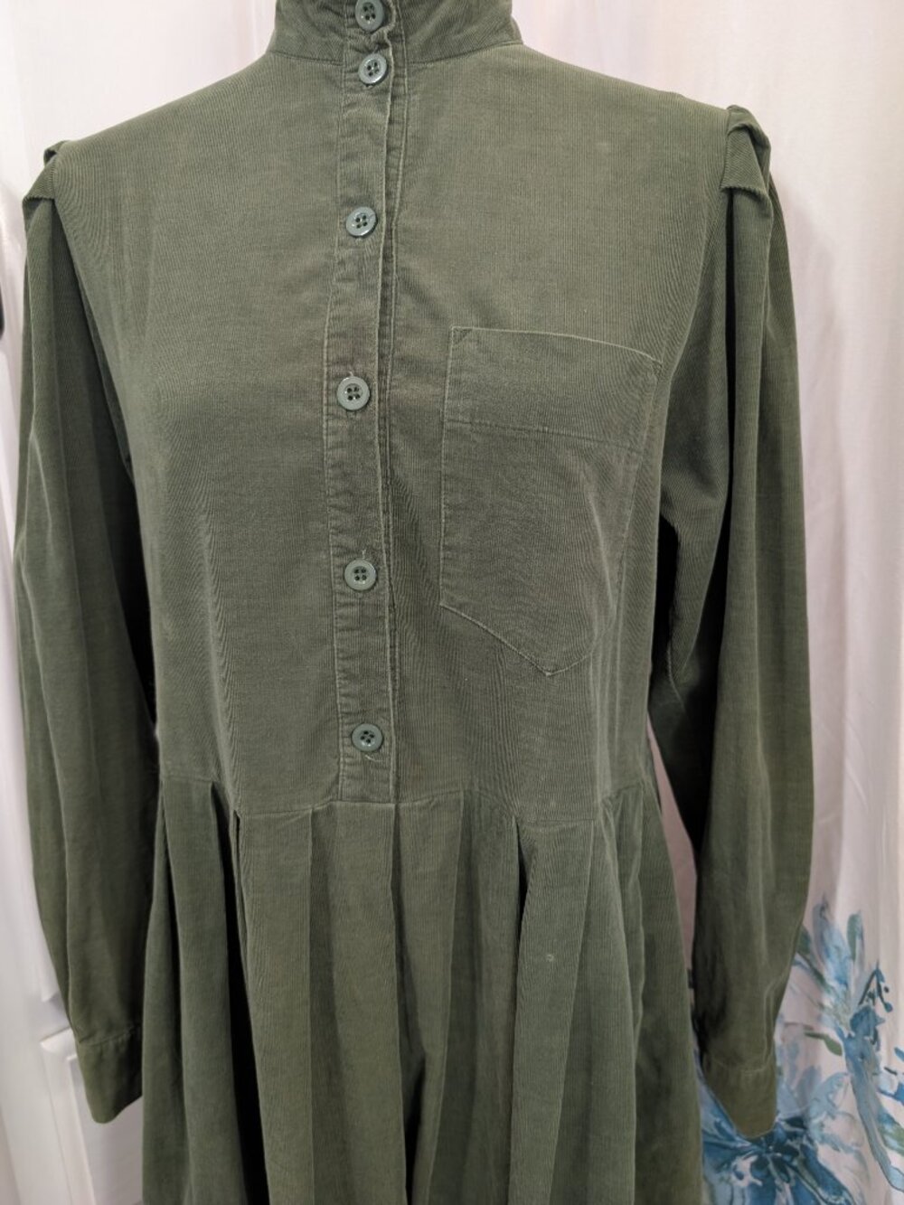 Laura Ashley Vintage Olive Green Corduroy Cottagecore Long Sleeve Dress Size 12 - Picture 3 of 16